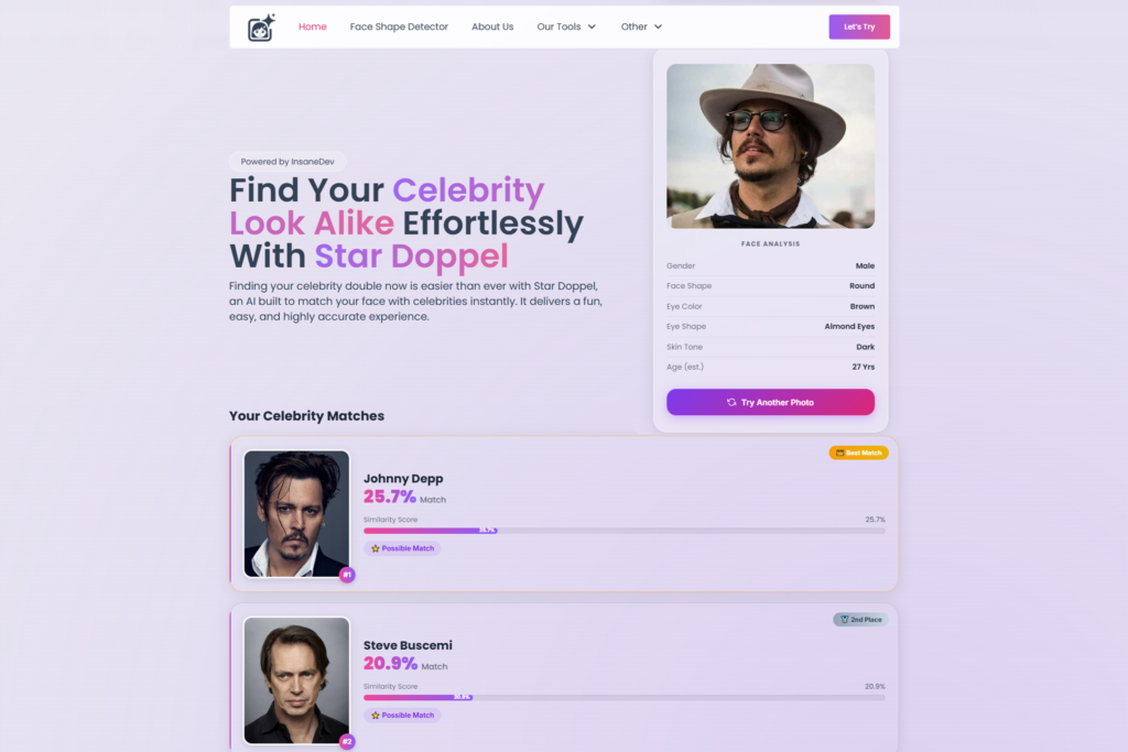 لقطة شاشة لنتائج شبيه المشاهير من StarDoppel