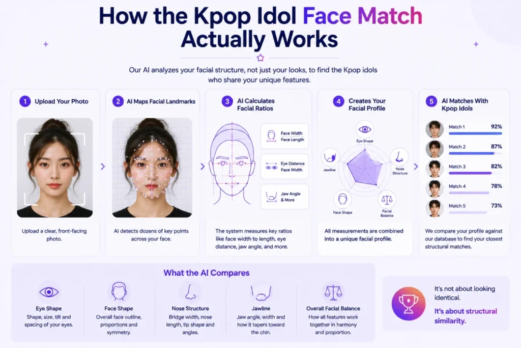 Diagram showing facial landmark points mapped across eyes nose jaw and mouth for kpop idol face matching