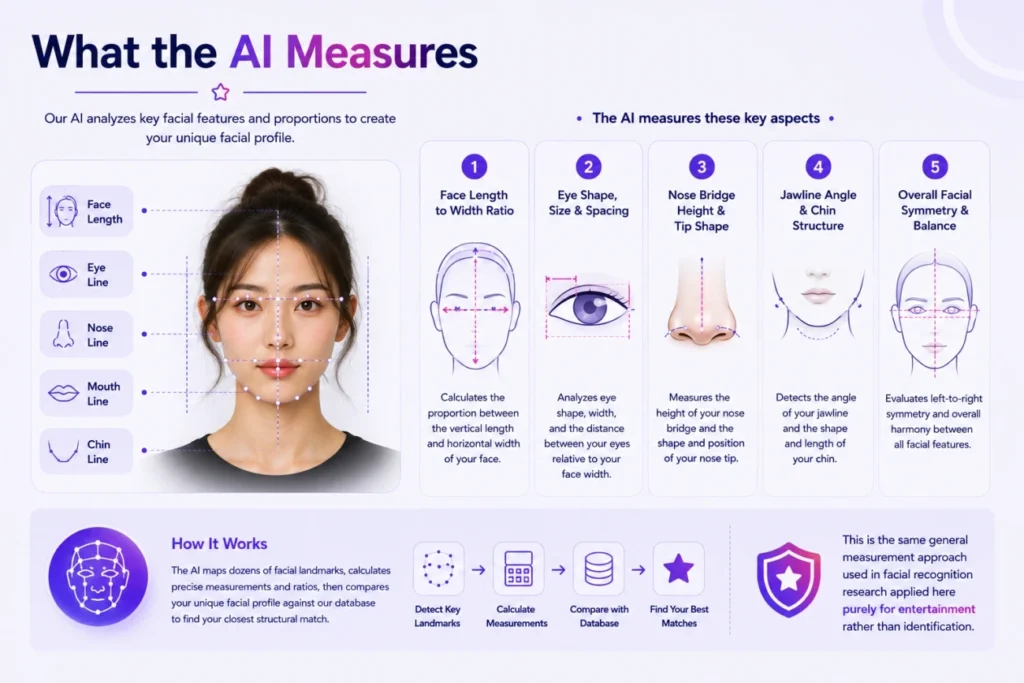 Illustration highlighting the face length eye spacing nose bridge jawline and symmetry points used in kpop face matching