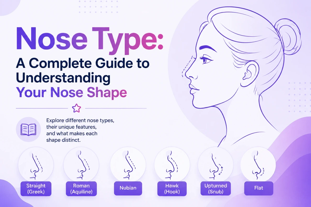 Nose type guide showing six nose shapes - straight, roman, nubian, hawk, upturned, and flat