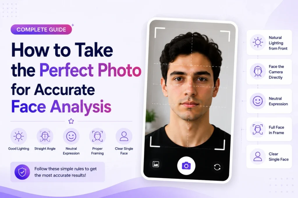 Person holding a phone camera up to take a clear front facing selfie in natural light for AI face analysis