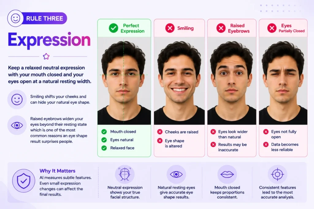 Neutral relaxed facial expression with mouth closed and eyes open at a natural resting width